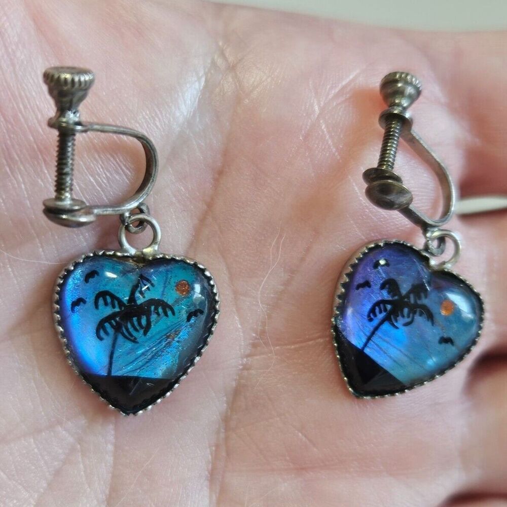 Vintage 1930's sterling silver blue morpho earrings